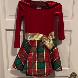 Red and Plaid Holiday Dress with Gold Bow